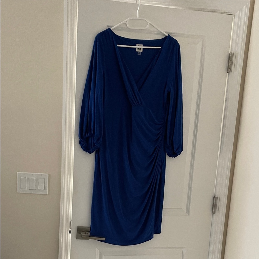Anne Klein Royal Blue V-Neck Ruched Long Sleeve Dress